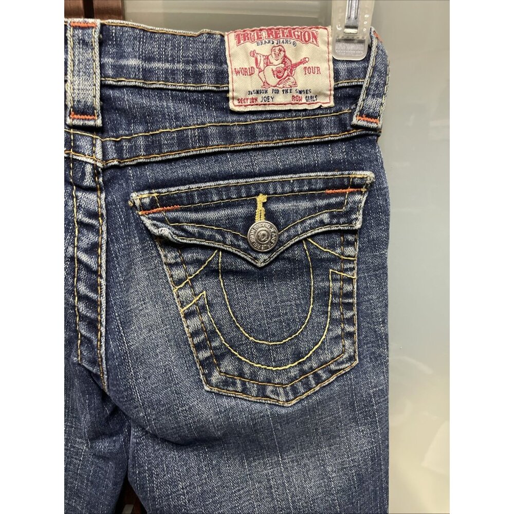 True Religion Jeans JOEY Flare Girls Size 14 Youth Kids Blue Twisted Leg Y2K 90s - Picture 8 of 12